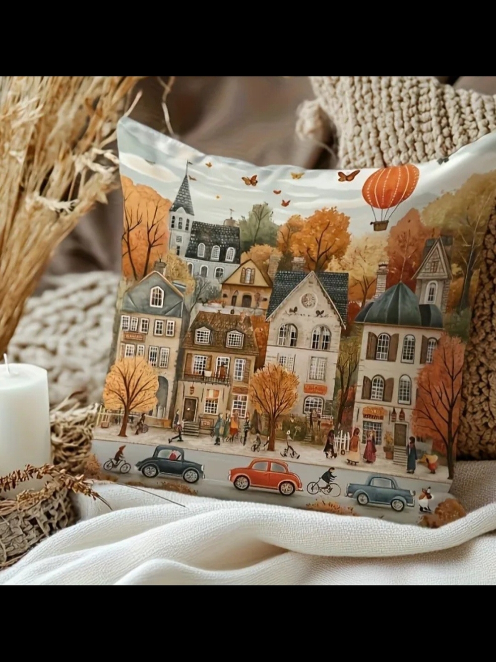 Autumn Village Decorative Throw Pillow - Orange & Cream